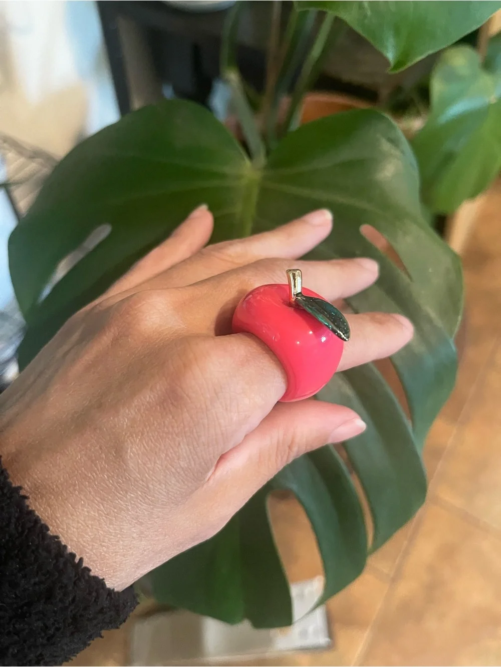 Pink Apple Statement Ring with Green Leaf